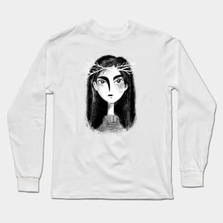 Black and white portrait of a girl with branches in her hair Long Sleeve T-Shirt